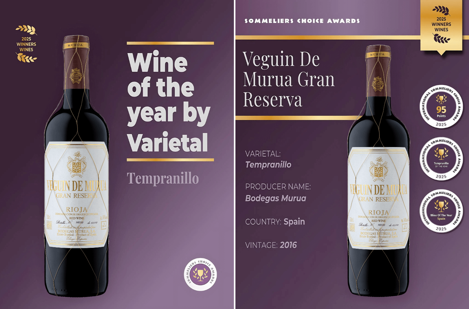 Veguín de Murua Gran Reserva named “Tempranillo of the Year” and “Wine of the Year– Spain” at the 2025 Sommeliers Choice Awards
