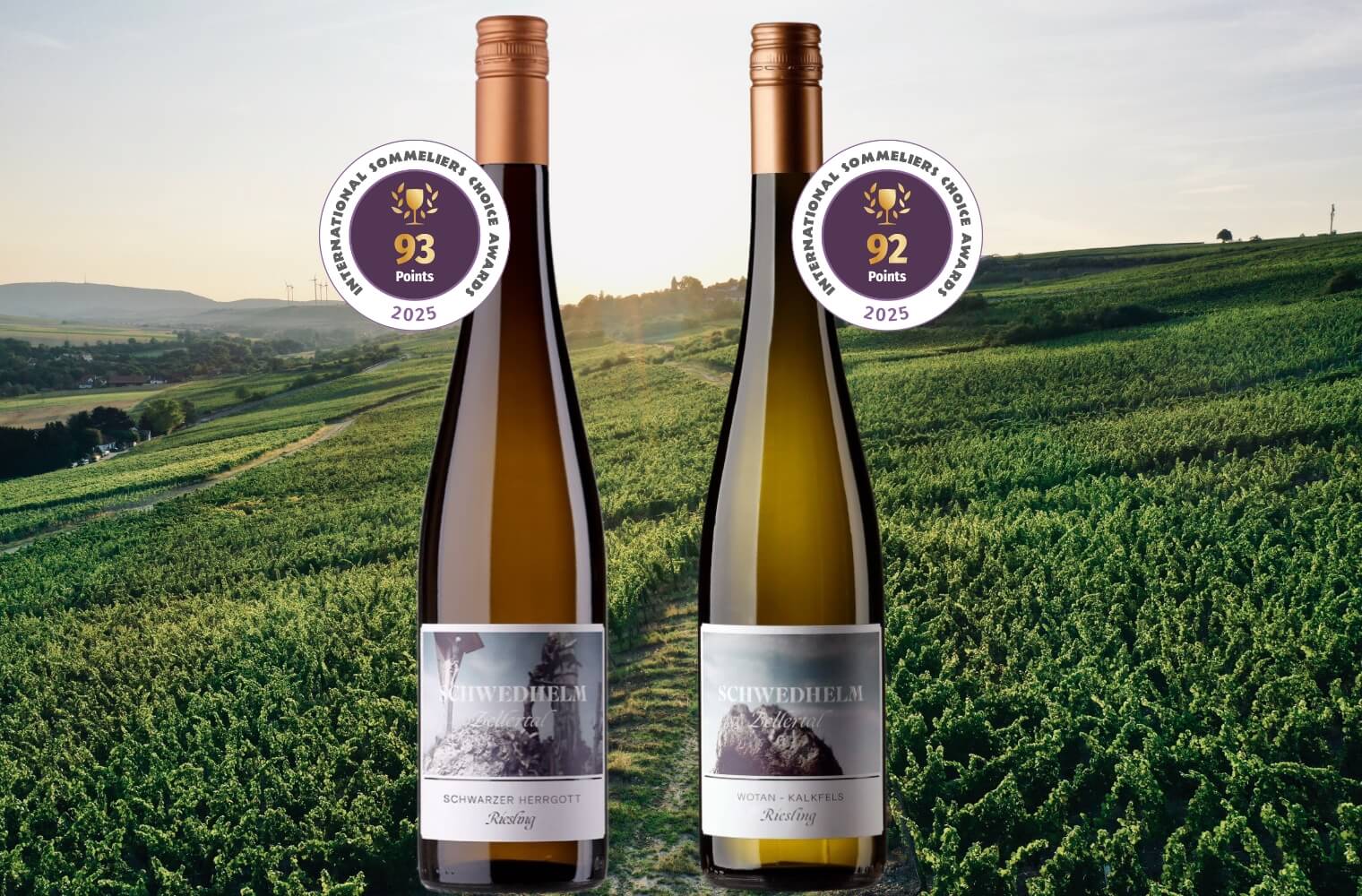Gold winners - (L-R) Riesling Schwarzer Herrgott and Riesling Wotan-Kalkfels at the 2025 Sommeliers Choice Awards